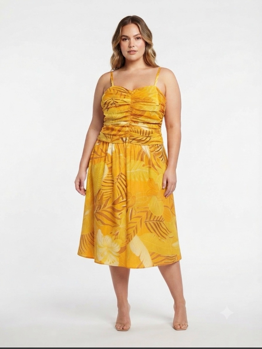 Tulip Creations Yellow Tropical Ruched Spaghetti-Strap Vacation Midi Dress